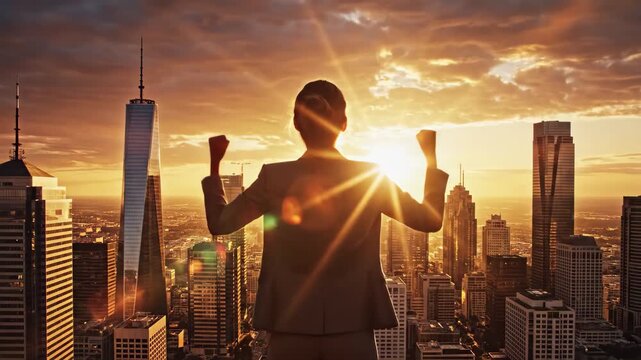 Businesswoman celebrating success with arms raised overlooking a city skyline at sunset