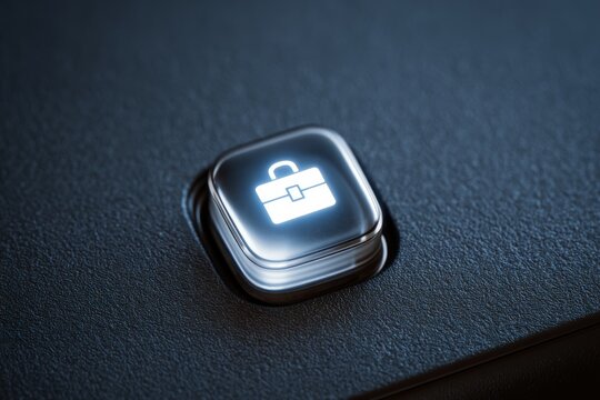 A modern push button with a glowing briefcase icon