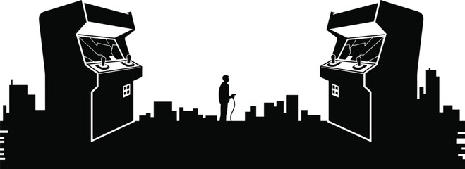 Arcade gaming silhouette illustration, retro video game machines facing player, urban city background, classic entertainment concept, black vector art, isolated design © MstMonowara