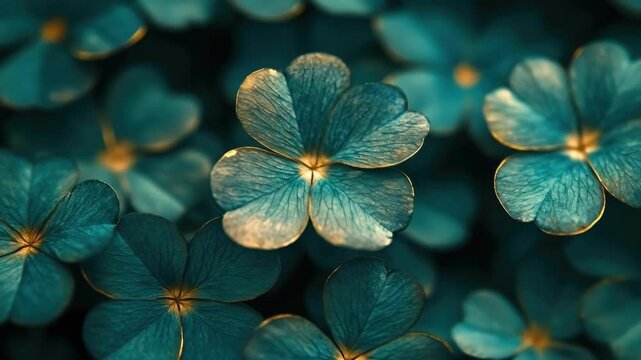 Close-up of teal four-leaf clovers with golden edges in natural light. Saint Patrick's Day, St Paddy's Day, St Patty's Day - Irish National Holiday and Cultural Celebration