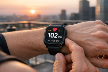 Fototapeta premium A person touches a smartwatch on their wrist, checking heart rate on the screen with their finger, hand, and using touch technology during sport