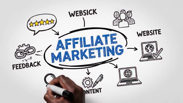 Hand drawing affiliate marketing concept diagram with keywords like websick, website, and content
