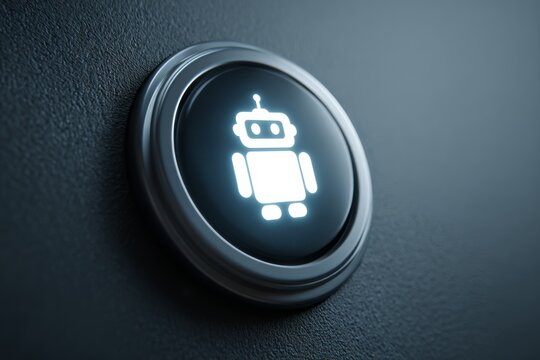 A modern push button with a glowing robot icon
