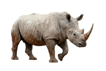 Fototapeta premium White rhinoceros walking isolated on a clean white background, side view of a large grey rhino with a prominent horn