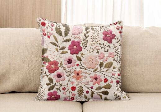 Floral Embroidered Cushion Mockup PSD