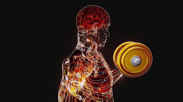 Conceptual 3D animation of a person doing biceps curls