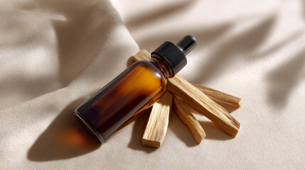 Amber dropper bottle with wooden sticks on beige fabric, natural skincare product concept