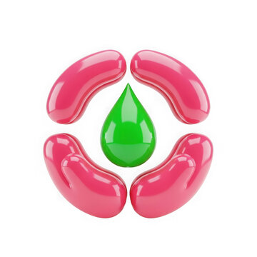 A green drop surrounded by four pink capsules