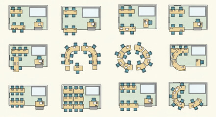 Classroom layouts and arrangements for educational purposes and learning.