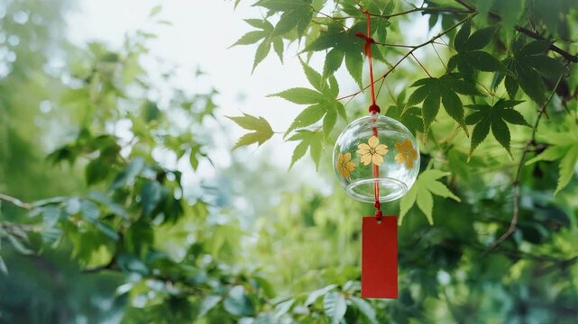 Japanese Glass Wind Chime Swaying in Maple Tree - Summer Afternoon Calm Realistic Footage
