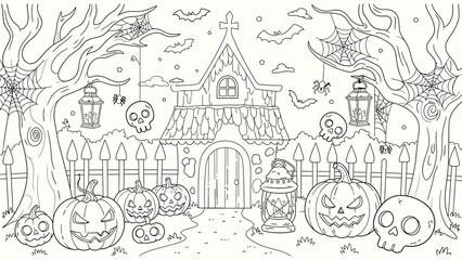 Obraz premium Haunted house with pumpkins, skulls, spiders and bats, halloween spooky background coloring page