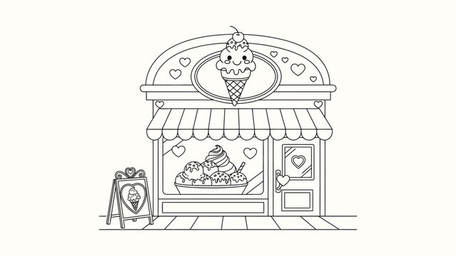 Ice cream shop building with cute characters and hearts coloring page line art