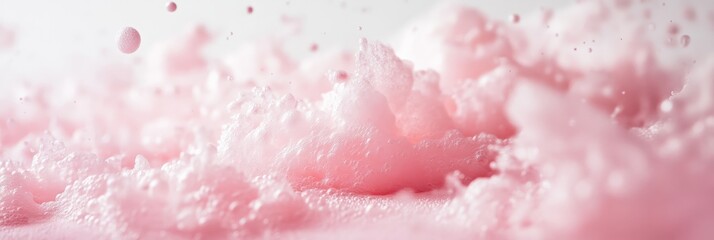 Fototapeta premium Pink foam is exploding, creating bubbles and drops on a light background, suggesting concepts like bath products, skincare, and celebration, perfect for valentine's day or women's day