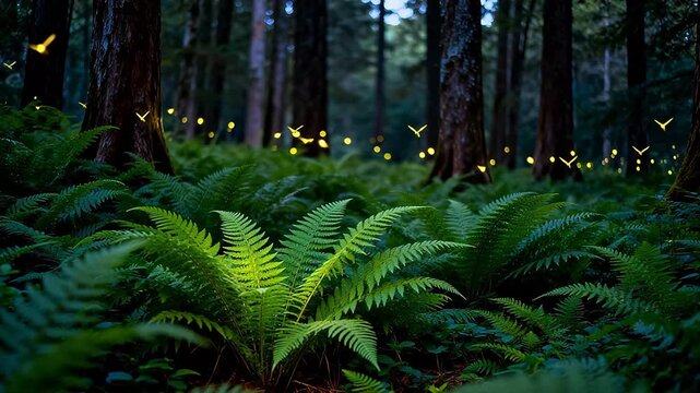 Forest with glowing fireflies