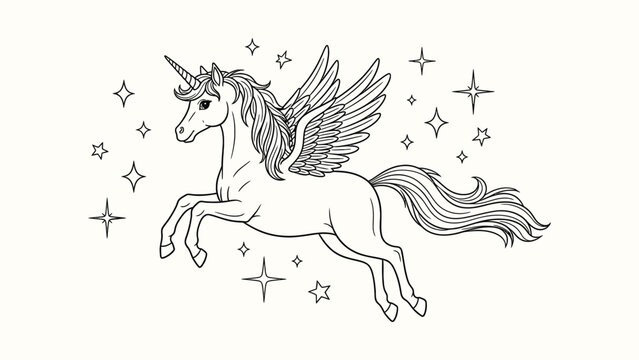 Magical pegasus unicorn with wings jumping through starry night sky line art illustration