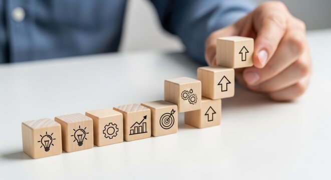 Employee productivity boost and showing cubes arranged in an accelerating pattern using wooden cubes, symbolic icons, human hand, natural depth of field, soft blurred background, clean white desk.
