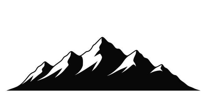 Black silhouette mountain range with snow capped peaks on white background landscape illustration
