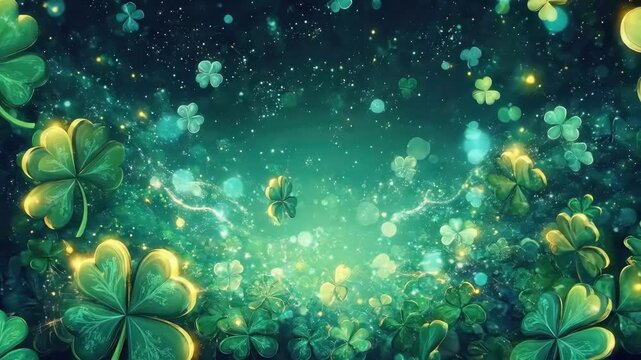 Lush green clover field under starry night sky with glowing light effects. Saint Patrick's Day, St Paddy's Day, St Patty's Day - Irish National Holiday and Cultural Celebration