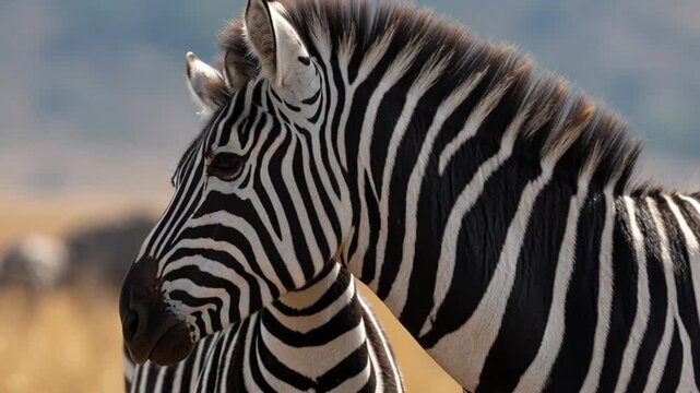 Zebra with Striped Fur in Natural Habitat Close Up Portrait