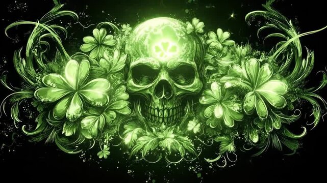 Green skull surrounded by celtic shamrocks and floral patterns on a dark background. Saint Patrick's Day, St Paddy's Day, St Patty's Day - Irish National Holiday and Cultural Celebration