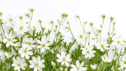 Fototapeta premium Greater stitchwort with star-shaped white flowers on a soft white background in a natural setting