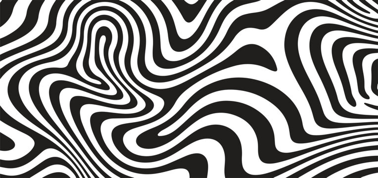 A dynamic black and white abstract background featuring swirling wavy lines.