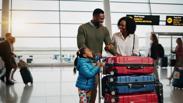 Happy african american family with daughter and stacked luggage at modern airport terminal