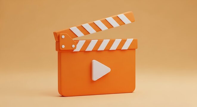 3D Orange Clapperboard Icon with White Play Symbol, Cinema and Video Production Symbol for Multimedia Apps, Movie Streaming and Film Industry