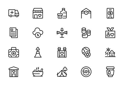 Disaster Risk and Humanitarian Aid Line Icon Set &ndash; Emergency, Relief and Crisis Management Outline Icons, Editable Stroke Vector
