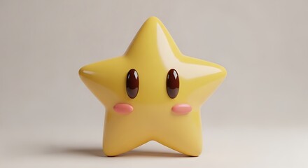 Cute 3D Golden Star Character with Face and Pink Cheeks, Minimalistic Cartoon Reward and Favorite Symbol for Mobile Games and Kids Apps
