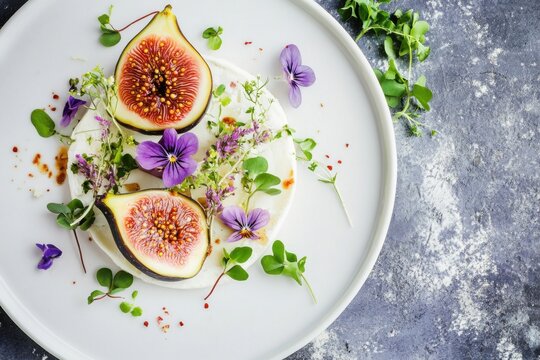 Figs cut in half and Dorblu cheese with microgreens and edible flowers, served on a white plate, top view