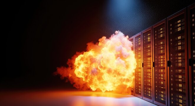 Server room in flames with explosion near computer racks