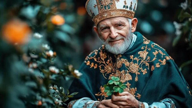 Elderly caucasian man in ornate religious attire holding clover outdoors. Saint Patrick's Day, St Paddy's Day, St Patty's Day - Irish National Holiday and Cultural Celebration