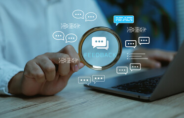 Customer feedback with magnifying glass review icon over laptop online survey evaluation client satisfaction rating digital communication user experience analysis business service quality improvement