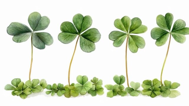 Watercolor illustration of clover plants with four-leaf variations. Saint Patrick's Day, St Paddy's Day, St Patty's Day - Irish National Holiday and Cultural Celebration