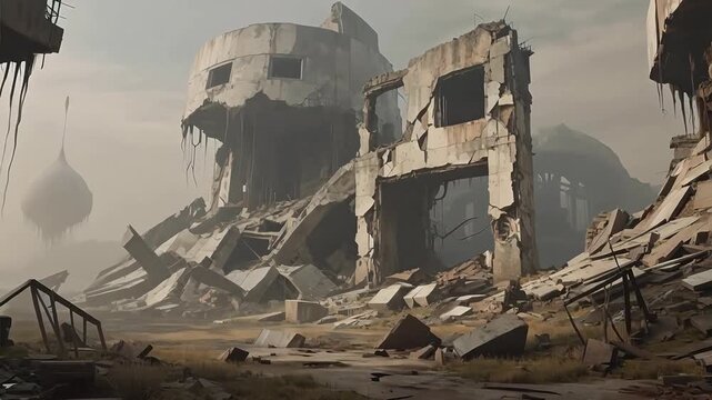 Ruined building in desolate landscape