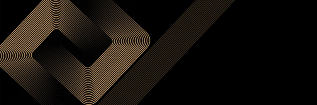 Abstract elegant black background with shiny gold geometric lines. Modern gold diagonal rounded lines pattern.Horizontal banner template. Suitable for covers, posters, presentations, vectors