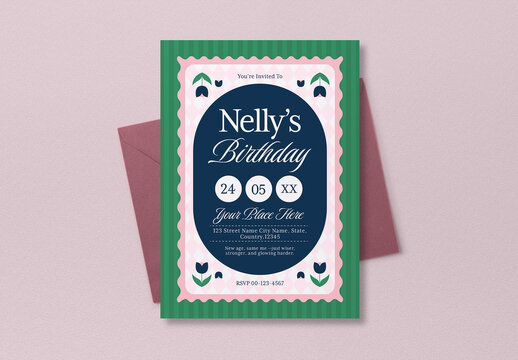 Blue And Green Floral Birthday Party Invitation