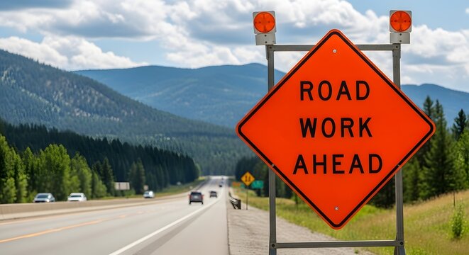 Bright Diamond Roadwork Sign Amid Mountainous Forest Scenic Highway orange traffic sign
