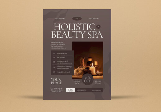 Brown And White Minimalist Holistic & Beauty Spa Business Flyer Set