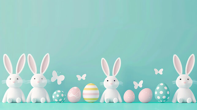3D render cute Easter bunnies and dotted eggs banner on mint green background with top copy space for e-commerce and social media.