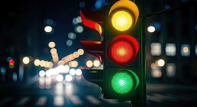Traffic light at urban intersection at night with illuminated signals and blurred city lights in the background