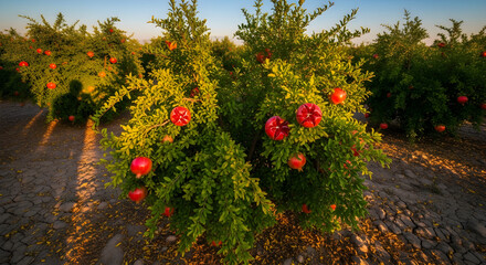 Lush pomegranate trees with ripe fruit in a serene orchard at sunset