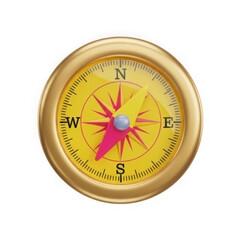 A gold compass with a yellow face and pink needle