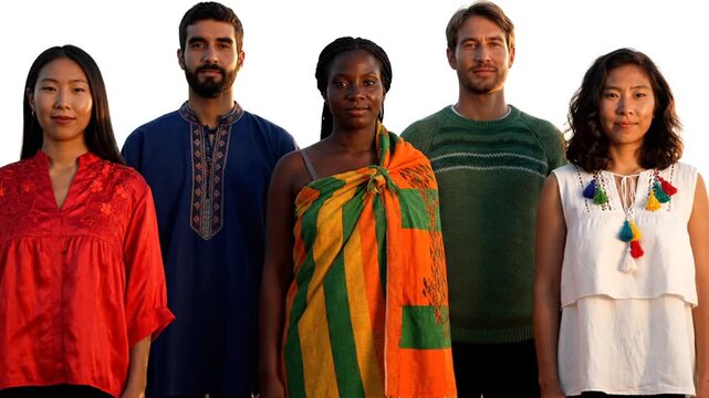 Diverse group of people standing together in a row, showcasing various cultural outfits and accessories in a simple white background from a front viewpoint.
