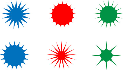 Six colorful splatters in blue, red, and green isolated on transparent background