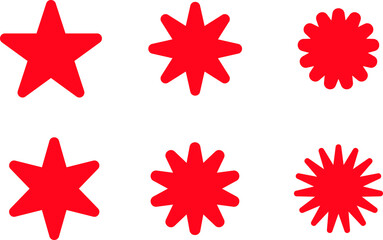 A simple graphic featuring six red star shapes of varying points against isolated on transparent background