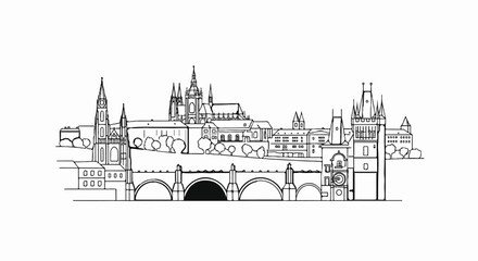 Fototapeta premium A detailed black and white line drawing of a historic city skyline with a prominent bridge