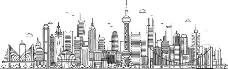 Fototapeta premium A stylized black and white line drawing of a futuristic city skyline with diverse buildings