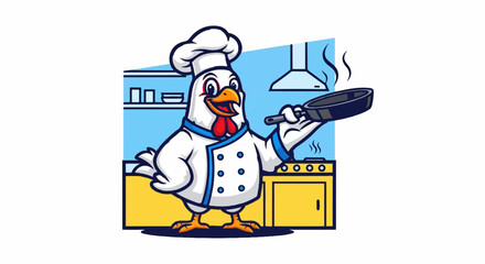 Naklejka premium A cartoon chicken in a chef's hat and uniform cooks with a frying pan